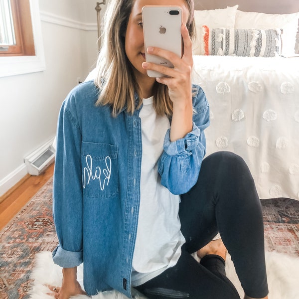 Monogrammed Denim Button Up Shirt | Lightweight Shacket Personalized | Monogrammed Denim Button Up For Layering