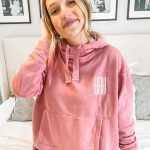 Monogrammed Ribbon Twill Oversized Hooded Sweatshirt | Personalized Ladies Popover | Cute Monogrammed Sweatshirt | Pink Personalized
