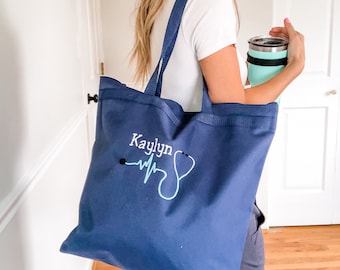 Personalized Nurse Tote Bag | Embroidered Stethoscope Zippered Tote