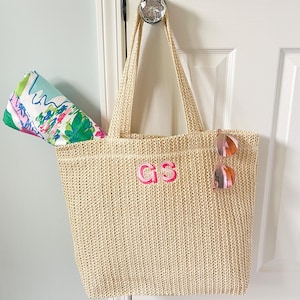 Embroidered Shadow Block Initial Crochet Tote Bag | Bridesmaids Gift | Pool Tote | Beach Bag | Preppy Tote Bag | Vacation Bag | Gift for Her