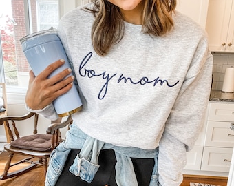 Boy Mom Embroidered Sweatshirt - Unisex Crewneck Pullover for Busy and Comfy Mom Life | Mother&#39;s Day Gift