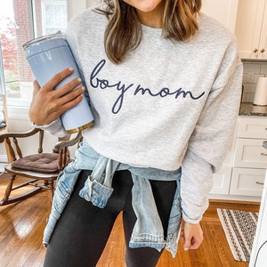 Boy Mom Personalized Crewneck Sweatshirt | Personalized Crew Neck Pullover | Embroidered Sweatshirt | Mother's Day Gift