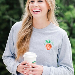 Monogrammed Pumpkin Long Sleeve Tee | Perfect fall shirt for pumpkin patch and hay rides. Great for Halloween! A great gift under 20!