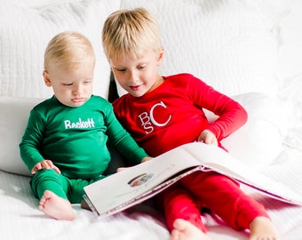 Custom Christmas Monogram Custom Pajamas - Toddler Pajama Rib Set | Personalized White/Red/White Stripe Tops from Customized Girl