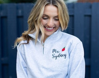 Personalized Teacher Quarter Zip Sweatshirt | Teacher Apple Zip Pullover