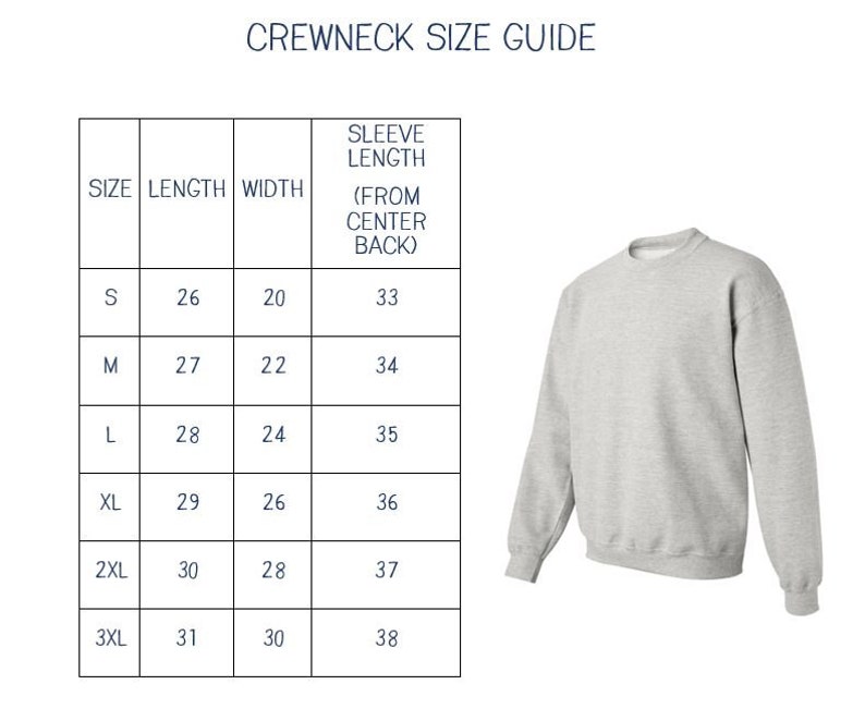 Op de afbeelding: Een maattabel voor crewneck sweatshirts, met de afmetingen in inches voor maat, lengte, breedte en mouwlengte. De tabel bevat de maten S, M, L, XL, 2XL en 3XL.