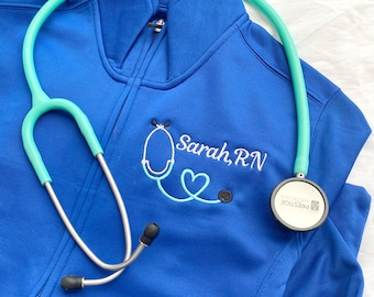 Custom Mini Heart Stethoscope Nurse Polyester Full Zip | Personalized Nurse Jacket | Ladies Nurse/Doctor Heart Stethoscope | Gift for Nurse