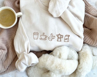 Coffee Icons Embroidered Gemma Crewneck Sweatshirt | Coffee Lover Sweatshirt | Barista Top | Gift for Her | Coffee Weather Crew | G18ECI1