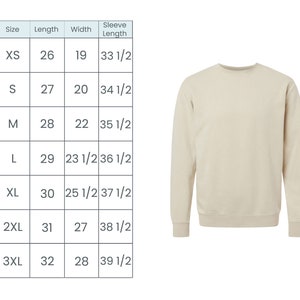 Puede incluir: Tabla de tallas para una sudadera de manga larga con medidas en pulgadas para XS, S, M, L, XL, 2XL y 3XL.