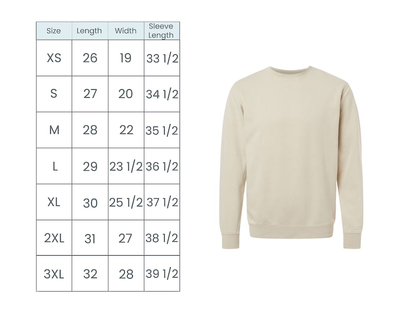 Puede incluir: Tabla de tallas para una sudadera de manga larga con medidas en pulgadas para XS, S, M, L, XL, 2XL y 3XL.