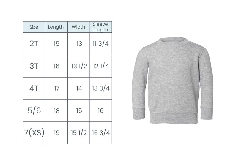 K&ouml;nnte beinhalten: Eine Gr&ouml;&szlig;entabelle f&uuml;r ein graues Langarmshirt f&uuml;r Kleinkinder und junge Kinder. Die Tabelle zeigt die Gr&ouml;&szlig;e, L&auml;nge, Breite und &Auml;rmell&auml;nge in Zoll. Die Gr&ouml;&szlig;en umfassen 2T, 3T, 4T, 5/6 und 7(XS).