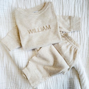 Custom Leighton Jogger Set for Babies with Minimalist Embroidery 2 Piece Lightweight Set Neutral Baby Gift Long Sleeve Name on Chest image 2