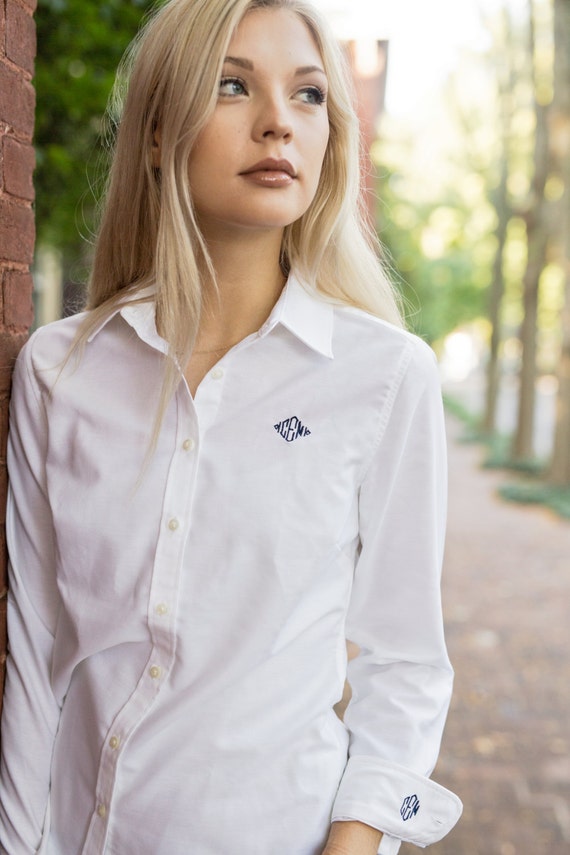 vendor-unknown Monogrammed Button Front Oversized Oxford Shirt White