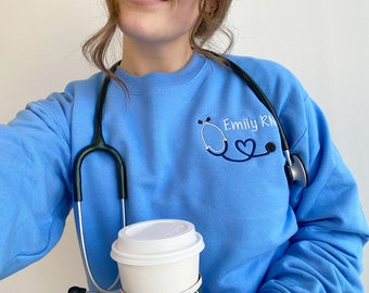 Personalized Nurse Mini Heart Stethoscope Crewneck Sweatshirt | Embroidered Nurse Pullover, Perfect Gift For Nurses Week and Nurse Student !