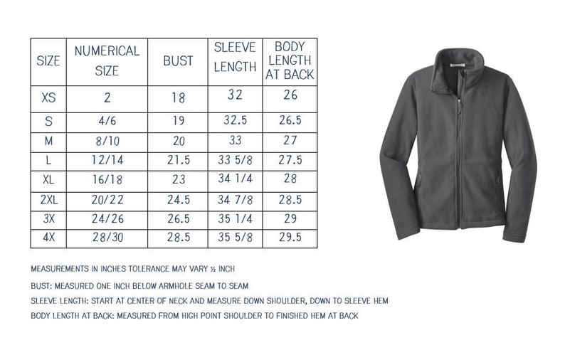 Peut inclure: Un tableau des tailles pour une veste en polaire avec des mesures en pouces pour la poitrine, la longueur des manches et la longueur du corps au dos. Le tableau comprend les tailles XS &agrave; 4X.