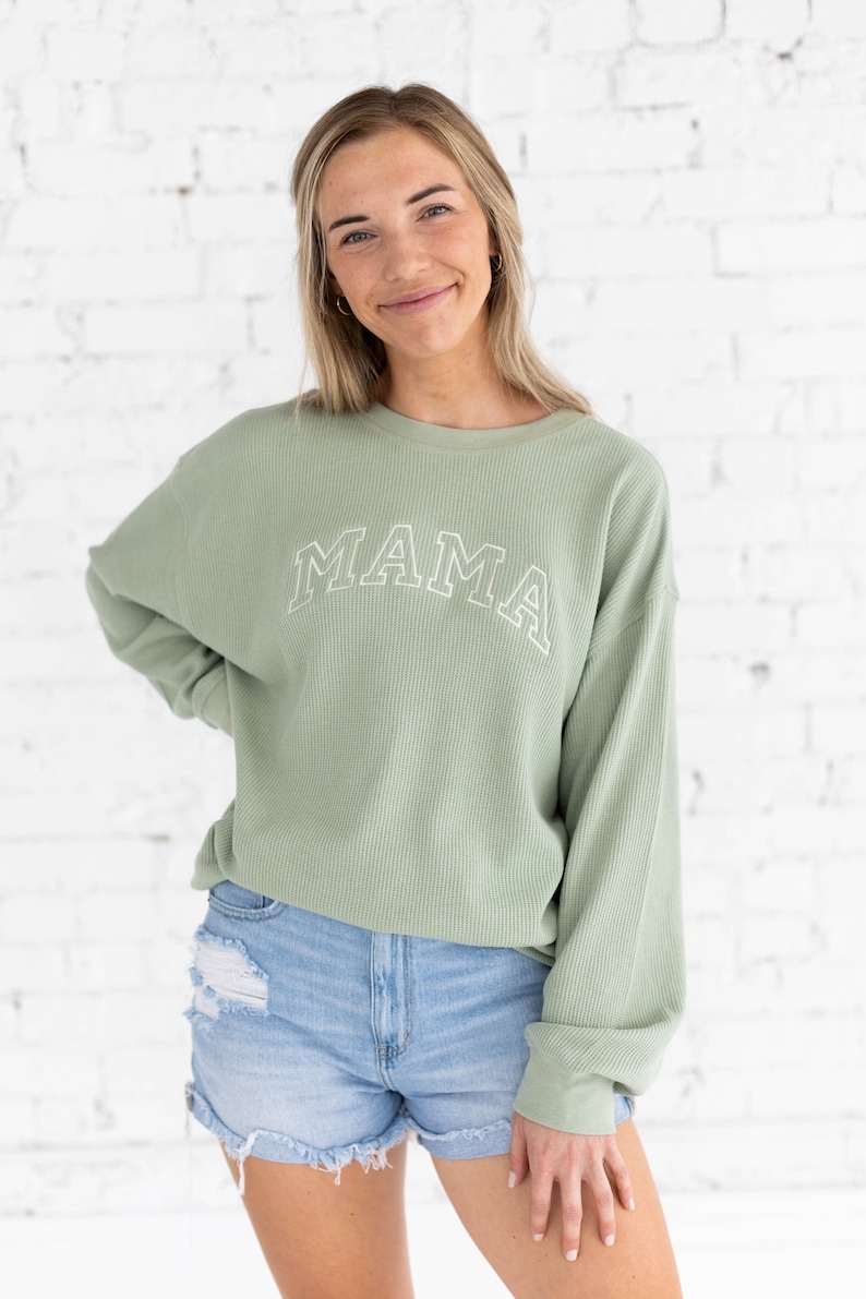 Waffle Knit Mama Crewneck Sweatshirt Embroidered Mama Sweatshirt Family Crewneck Sweatshirt Pregnancy Announcement Gift for Family image 3