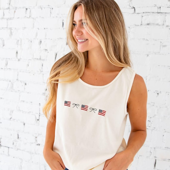Embroidered USA Dainty Bow  Comfort Colors Tank Top | Cute Americana Independence Day, 4th of July Top | Patriotic Cute | 4th-Of-July