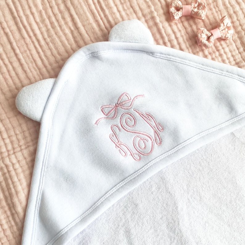 Cute Personalized Bow Monogram or Name Hooded Baby Towel Baby Towel With Ears Monogram Full Name Cute Bow Towel For Toddler image 2