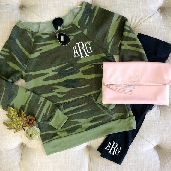 off the shoulder camo sweatshirt