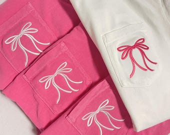 Cute Ribbon Bow Comfort Colors Pocket Tee | Coquette Bow Tee | Trendy Bow Tee | Gift for Her | Embroidered Tee | Bow Shirt | CC30EB1