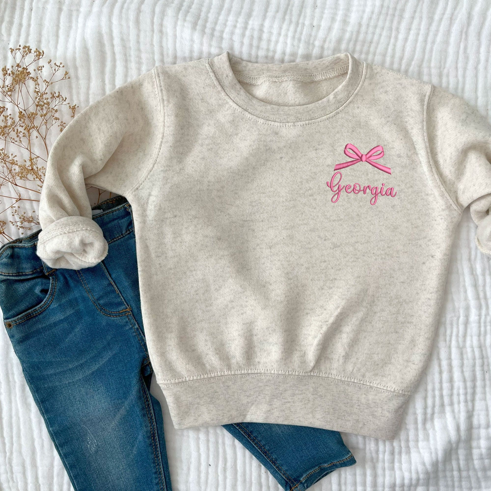 Personalized Toddler Bow Crewneck Sweatshirt | Embroidered Toddler Name and Bow Crewneck | Gift for Kids | Coquette Kids Crew | RS17EB1