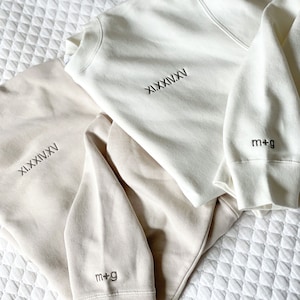 Custom Embroidered Roman Numeral Crew - Couples Gift - Personalized Gift Date Hoodie Initial on Sleeve - Engagements, 1st Anniversary gift