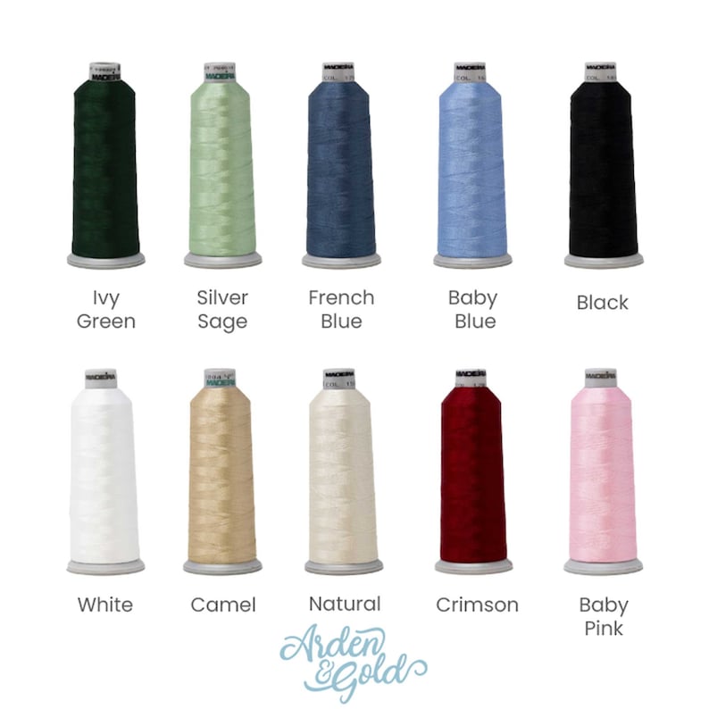 May include: Ten spools of embroidery thread in various colors, including ivory, black, baby pink, crimson, natural, camel, white, baby blue, French blue, silver sage, and ivy green.