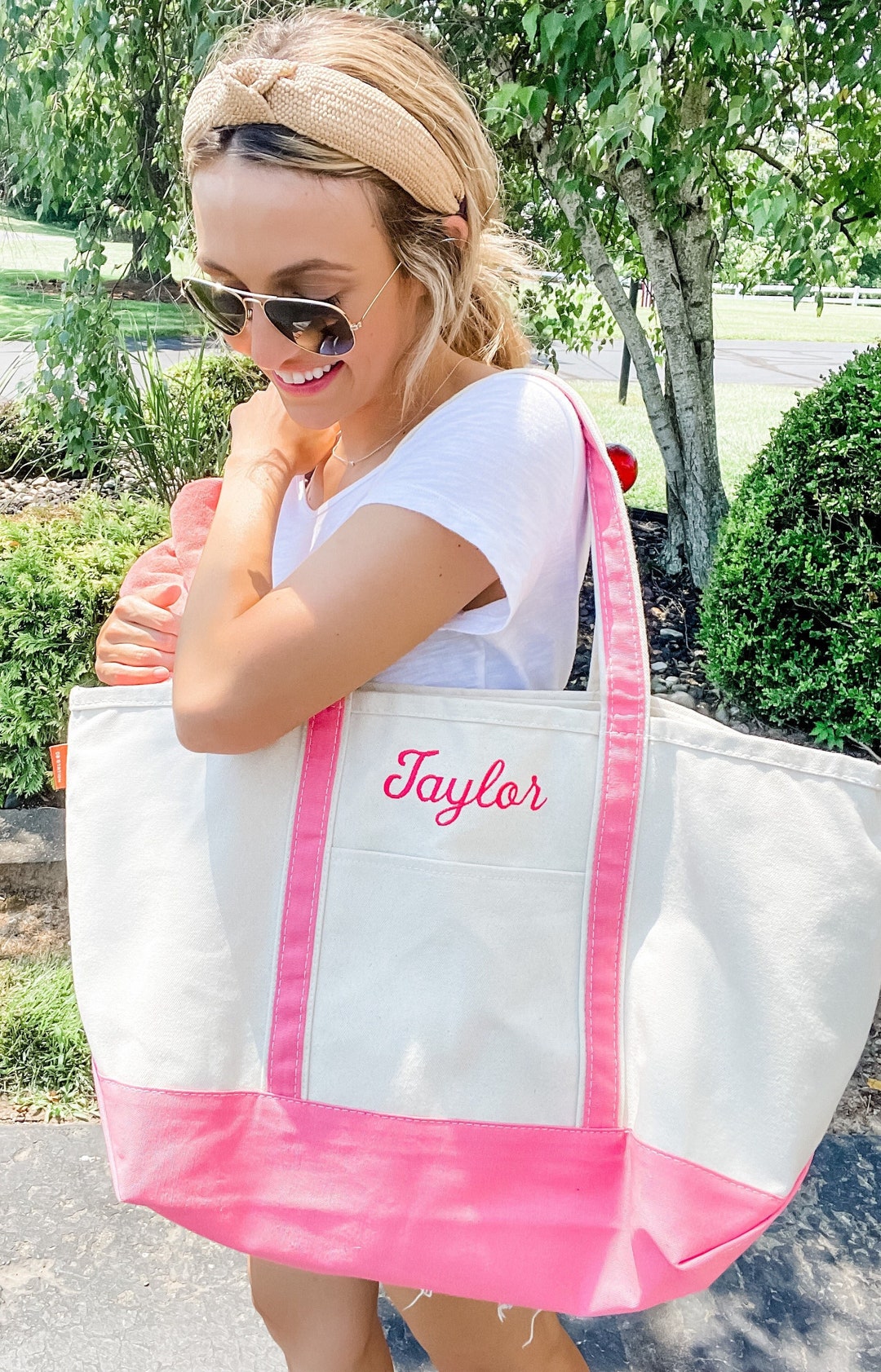 Medium Canvas Monogrammed Boat Tote Bag w Zipper - The White Invite