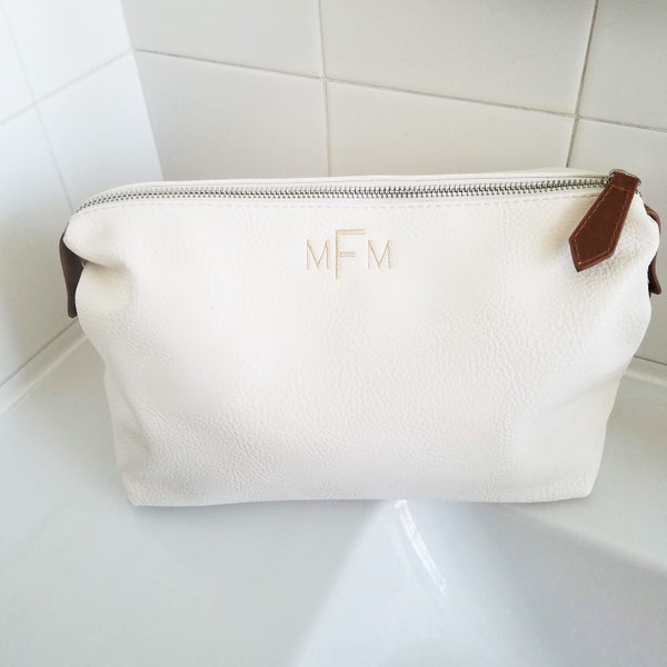 Personalized Makeup or Travel Zippered Vegan Leather Pouch | Personalized or Monogrammed Toiletry and Cosmetic Case | Neutral Color Pouch