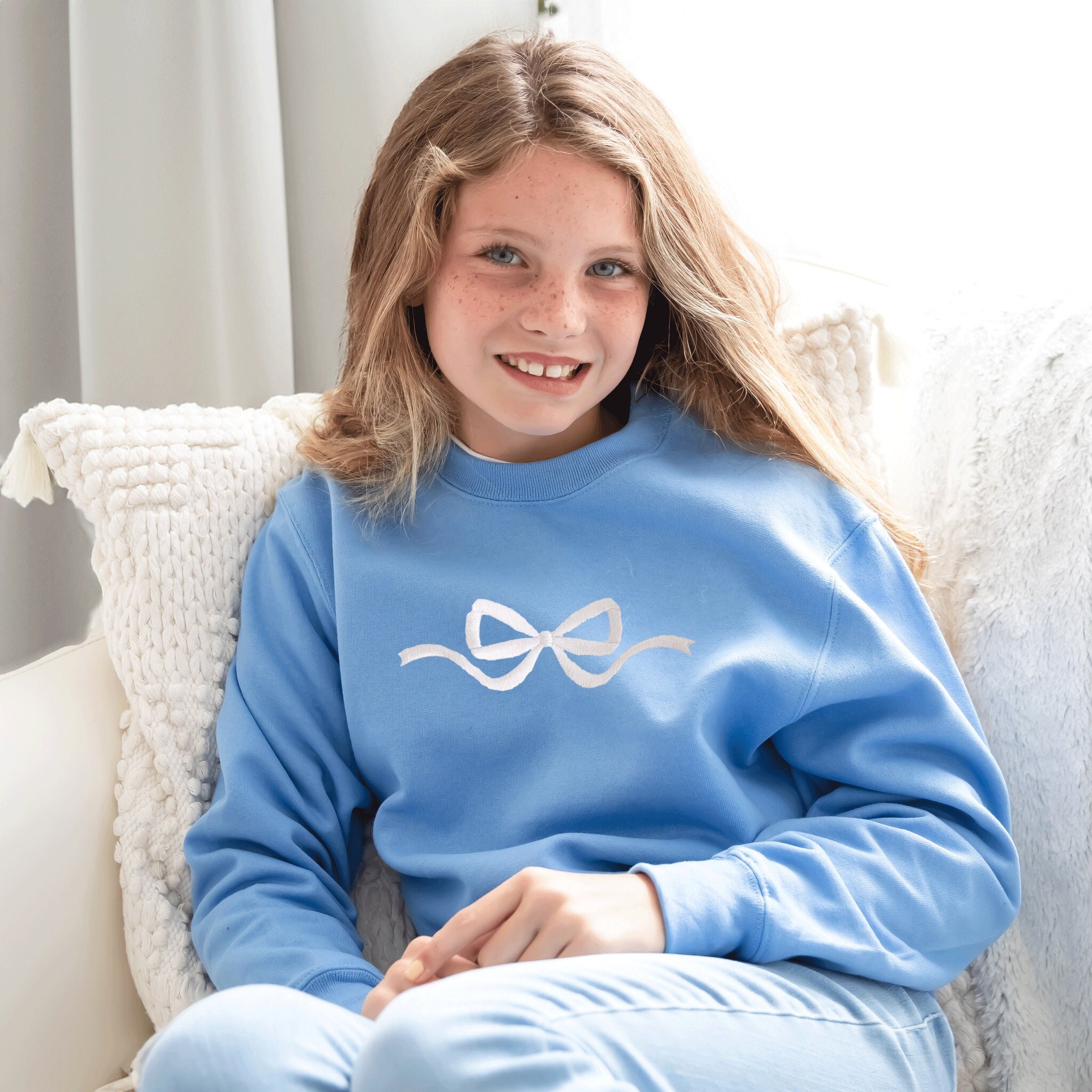 Girls, Childrens, Youth Bow Embroidered Crew Neck Sweatshirt 
