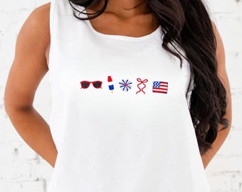 May include: White sleeveless top with embroidered patriotic symbols. The design includes red sunglasses, a popsicle, a starburst, a bow, and an American flag. The top is a casual style.