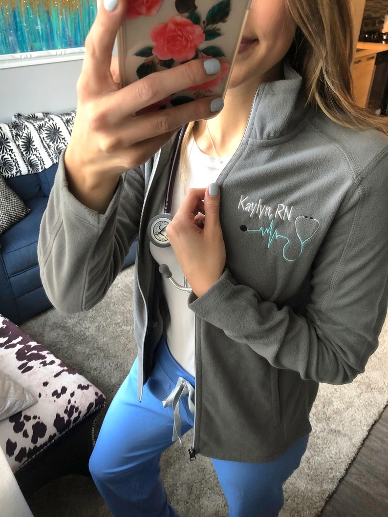 Monogrammed Nurse Full Zippered Fleece | Personalized Nurse Fleece Jacket | Personalized Ladies Nurse/Doctor Heart Stethoscope | Heartbeat 