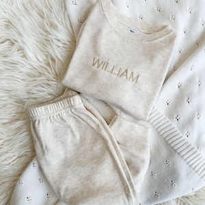 Custom Leighton Jogger Set for Babies with Minimalist Embroidery 2 Piece Lightweight Set Neutral Baby Gift Long Sleeve Name on Chest image 4