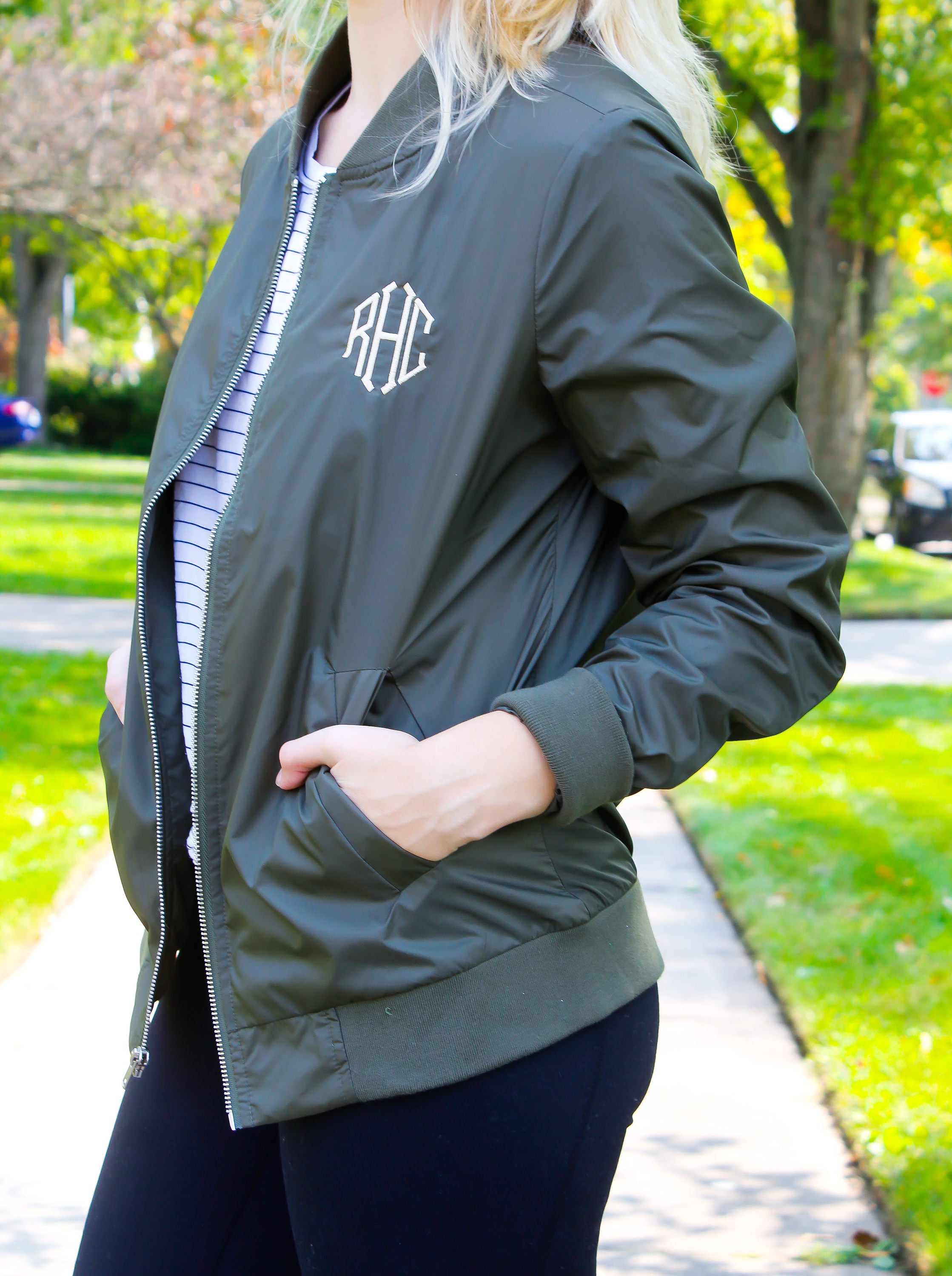 Monogram Bomber Jacket | Preppy Windbreaker | Monogram Light Weight Full Zip Jacket | Personalized Women's Jacket