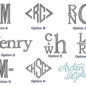 May include: Nine different monogram and lettering styles are shown in gray embroidery. The options are labeled A through H. Option A is the initials RM, Option B is the initials RC in a diamond shape, Option C is the initials RC stacked vertically, Option D is the name Henry, Option E is the initials ch stacked vertically, Option F is the initials LR stacked vertically, Option G is the initial M with a line on either side, Option H is the initials HSC in a diamond shape, and Option I is the text Arden & Gold in a cursive font.