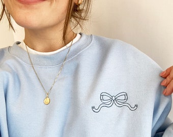 Dainty Outline Bow Embroidered Gemma Sweatshirt | Cute Monogram Bow Sweatshirt | Embroidered Ribbon Sweatshirt | Trendy Bow | Gift for Her