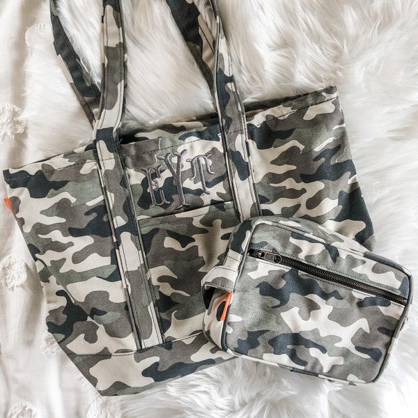 Monogrammed Camo Boat Tote and Cosmetic Case Set