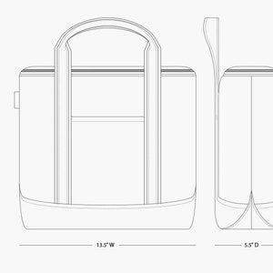 May include: A black and white line drawing of a tote bag with two handles. The bag is 9.5 inches high, 13.5 inches wide, and 5.5 inches deep.