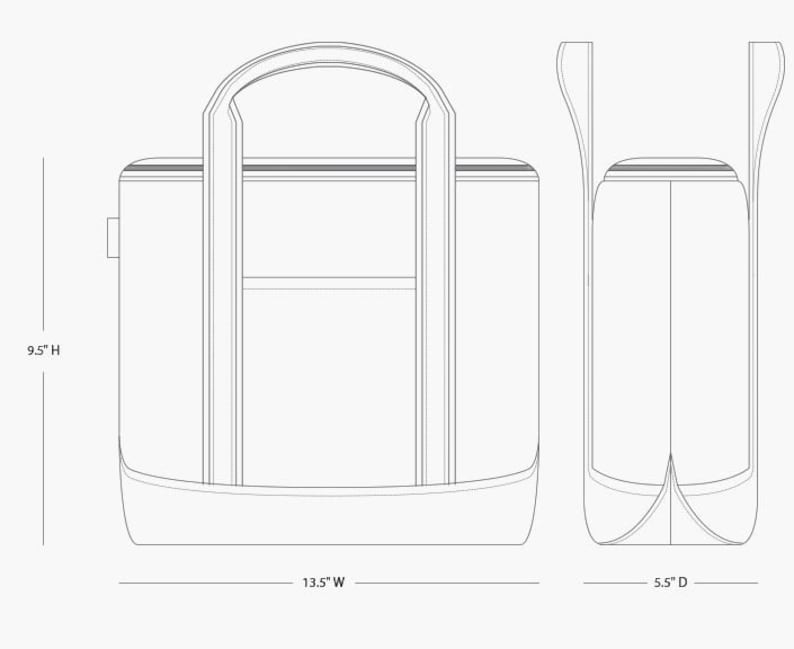 May include: A black and white line drawing of a tote bag with two handles. The bag is 9.5 inches high, 13.5 inches wide, and 5.5 inches deep.