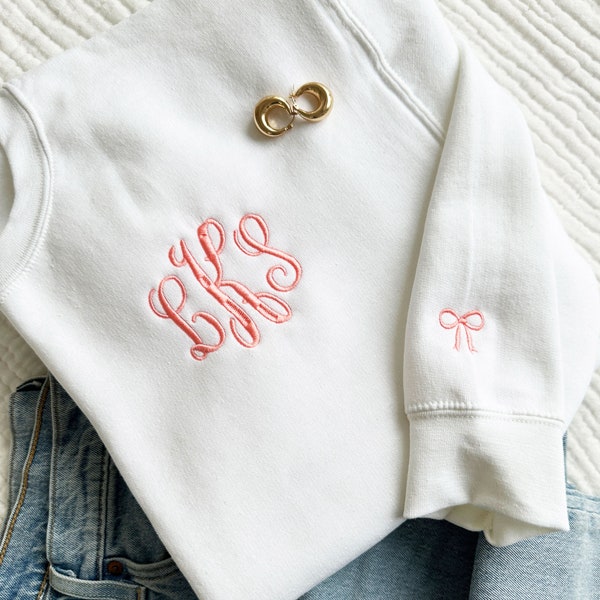 Monogrammed Crewneck Sweatshirt with Mini Bow | Personalized Crewneck Pullover | Embroidered Sweatshirt | Multiple Colors | Gift for Her