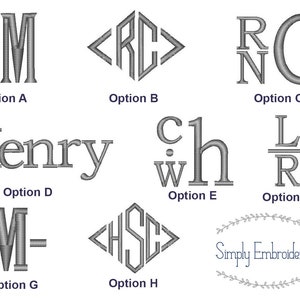 May include: A graphic showing eight different monogram options for embroidery. The options include a traditional block style, a script style, a monogram with a heart, and a monogram with a crown. The text "Simply Embroidered" is also included in the graphic.
