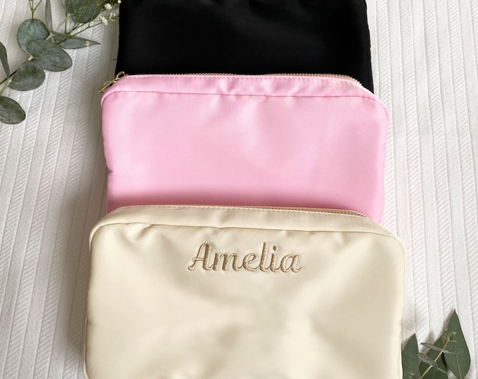 Embroidered June Nylon Accessory Pouch with Mini Personalization | Monogrammed Cosmetic Pouch | Bridesmaid Gift | Custom Gift for Her