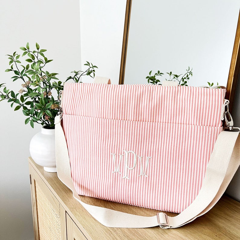 cute rose tan striped insulated cooler with monogrammed initials