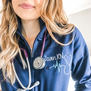 Monogrammed Nurse Full Zippered Jacket Sweatshirt Personalized Nurse Polyester Jacket Personalized Ladies Nurse/Doctor Heart Stethoscope image 2