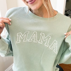 Waffle Knit Mama Crewneck Sweatshirt Embroidered Mama Sweatshirt Family Crewneck Sweatshirt Pregnancy Announcement Gift for Family image 6