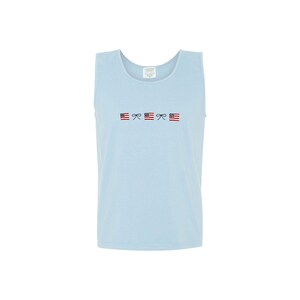 A chambray comfort colors tank top with embroidered mini usa flags and dainty bow design across the chest in an alternating pattern
