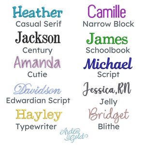 May include: A white background showcases embroidered names in diverse fonts and colours. Names such as "Heather," "Camille," "Jackson," and "James" are displayed. Each name is accompanied by its font style, including "Casual Serif" and "Narrow Block."