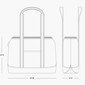 May include: A black and white line drawing of a tote bag with two handles. The bag is 19 inches wide, 12 inches high, and 6 inches deep.