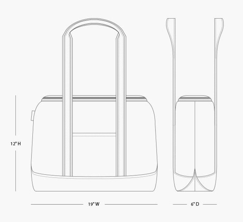 May include: A black and white line drawing of a tote bag with two handles. The bag is 19 inches wide, 12 inches high, and 6 inches deep.