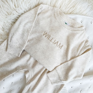 Custom Leighton Jogger Set for Babies with Minimalist Embroidery 2 Piece Lightweight Set Neutral Baby Gift Long Sleeve Name on Chest image 5